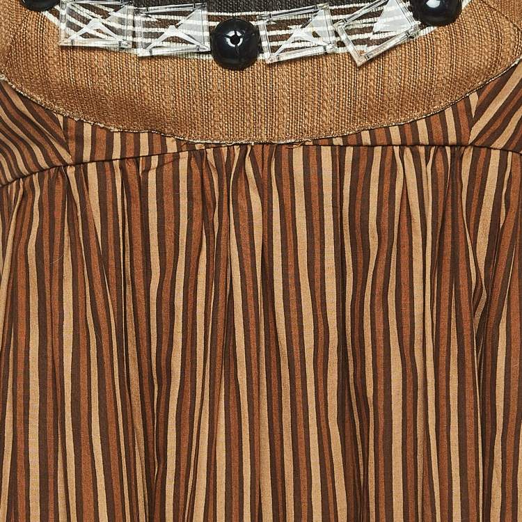 Pre Owned Miu Miu Brown Striped Cotton Embellished Low Neck Mini Dress S