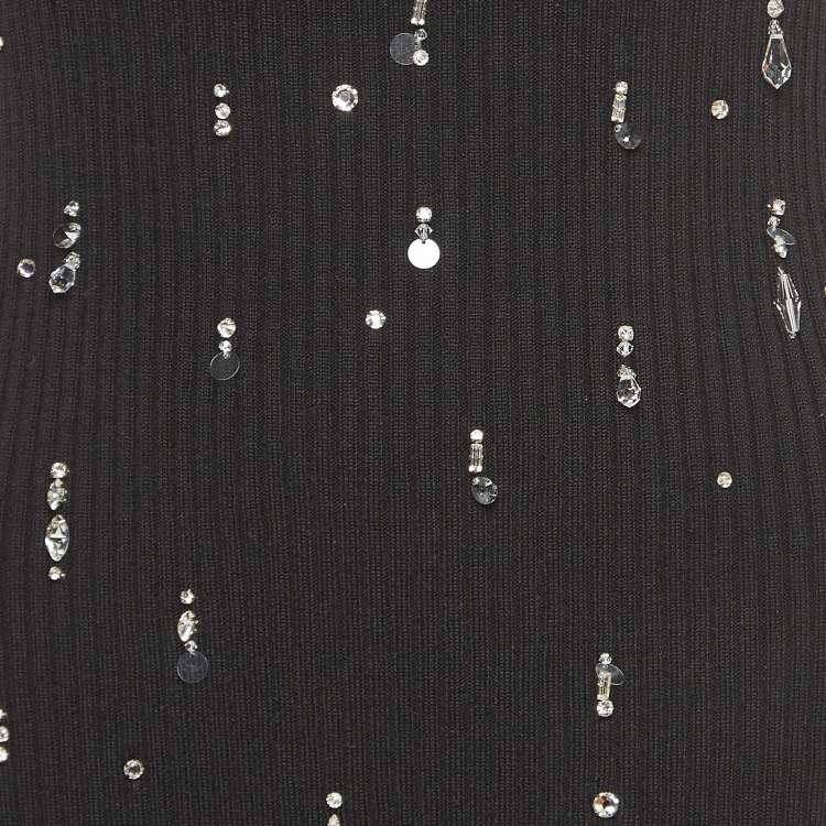 Pre Owned Miu Miu Black Ribbed Knit Crystal Embellished Bodycon Dress S