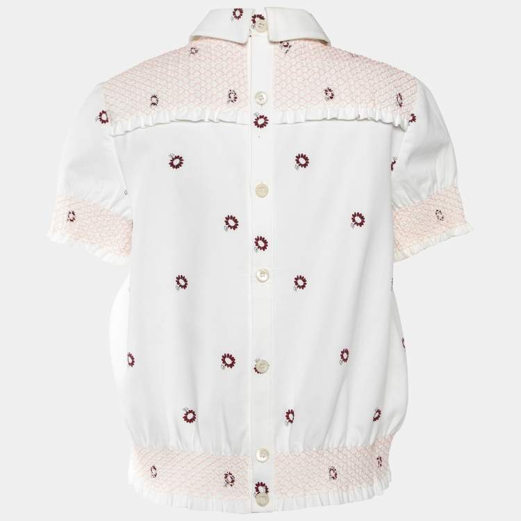 Pre Owned Miu Miu White Floral Print Cotton Smocked Top M