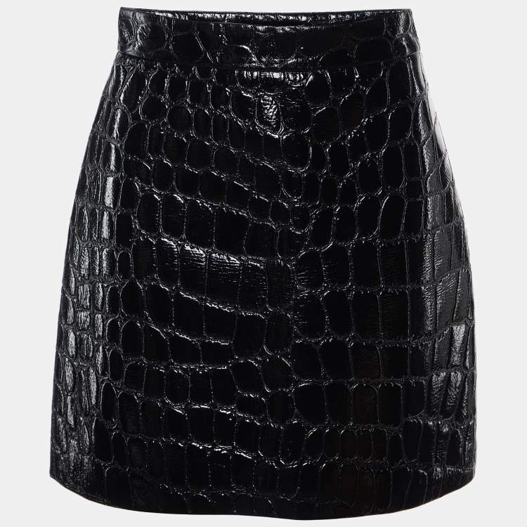 Pre Owned Miu Miu Black Crocodile Embossed Ciré Mini Skirt S