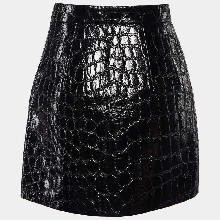 Pre Owned Miu Miu Black Crocodile Embossed Ciré Mini Skirt S
