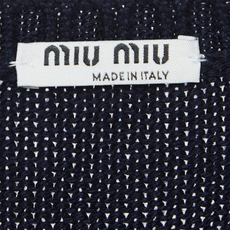 Pre Owned Miu Miu Navy Blue Logo Intarsia Knit Top M