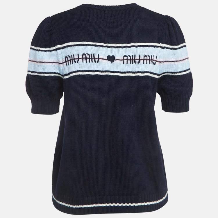 Pre Owned Miu Miu Navy Blue Logo Intarsia Knit Top M