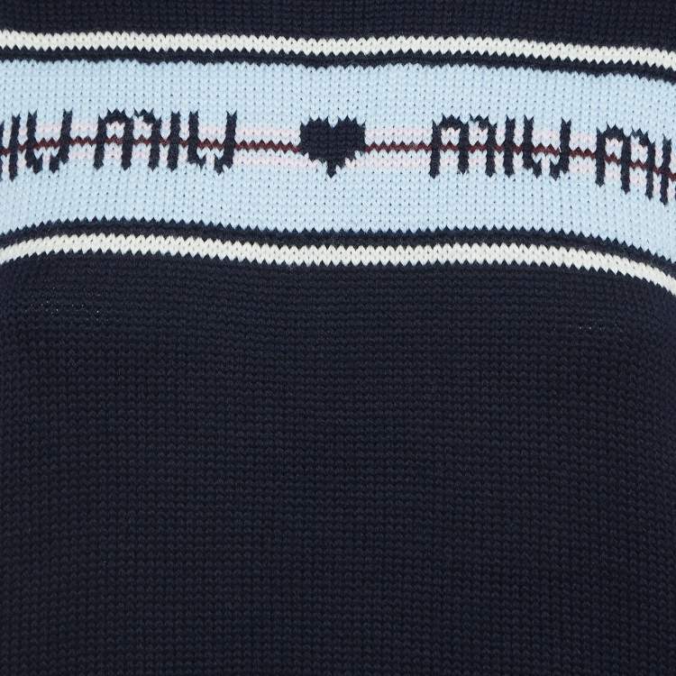 Pre Owned Miu Miu Navy Blue Logo Intarsia Knit Top M