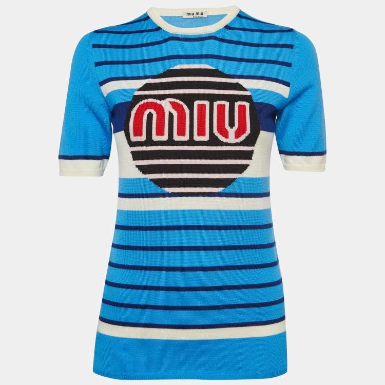 Pre Owned Miu Miu Blue Striped Wool Knit Top S