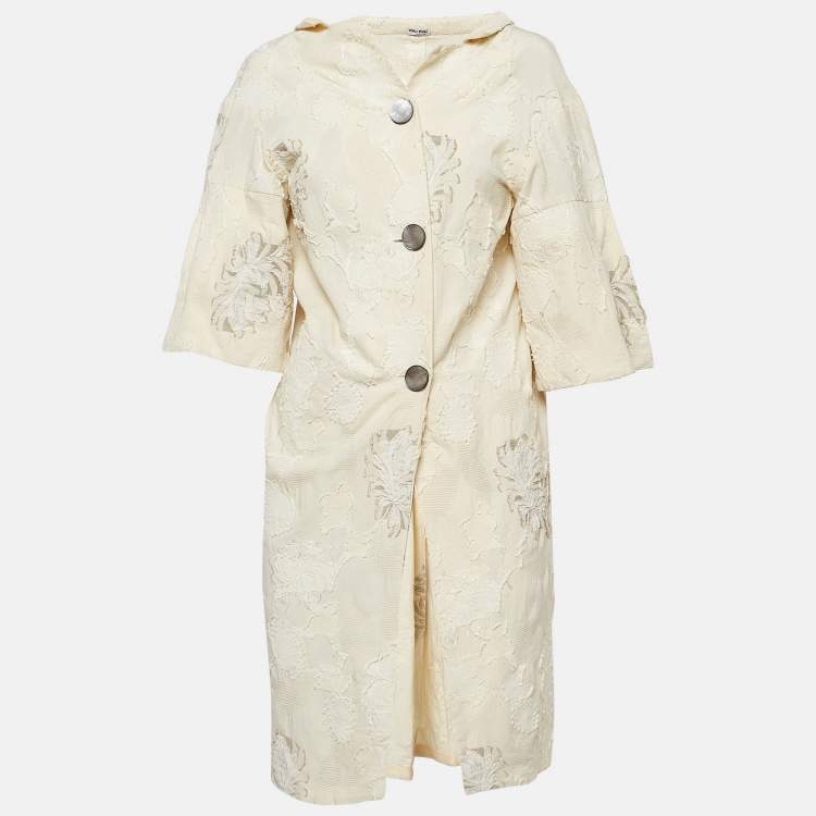 Pre Owned Miu Miu Cream Textured Floral Jacquard Buttoned Mini Shirt Dress M