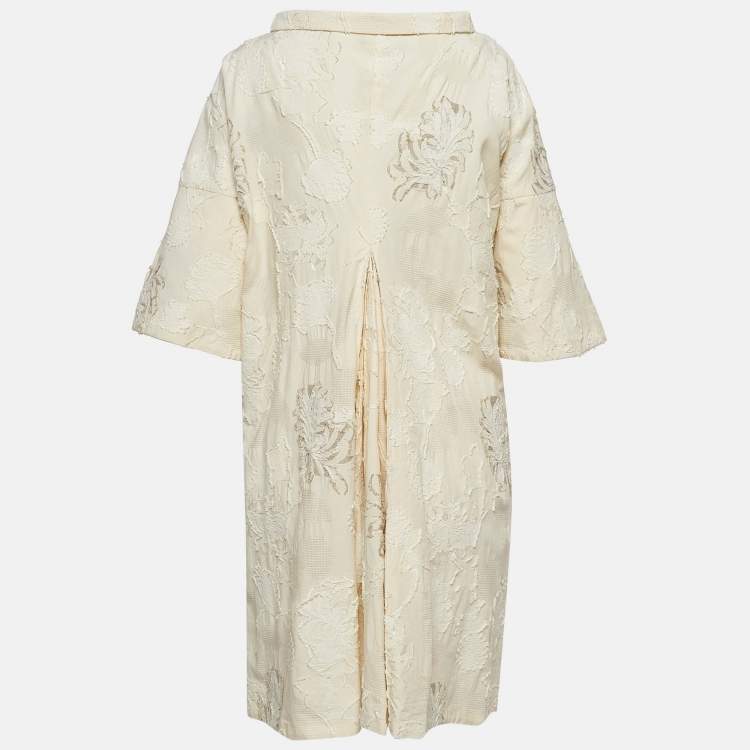 Pre Owned Miu Miu Cream Textured Floral Jacquard Buttoned Mini Shirt Dress M