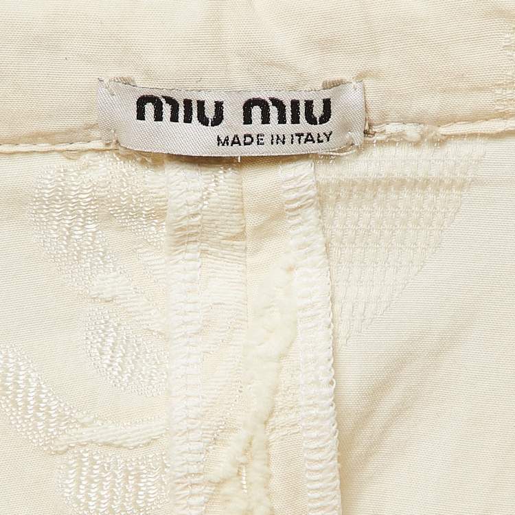 Pre Owned Miu Miu Cream Textured Floral Jacquard Buttoned Mini Shirt Dress M