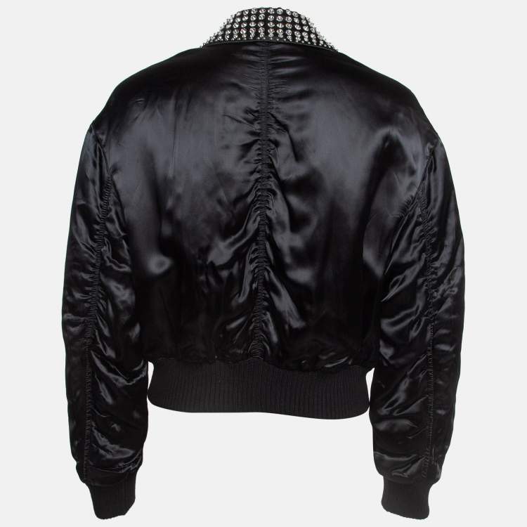 Pre Owned Miu Miu Black Satin Crystal Embellished Bomber Jacket S