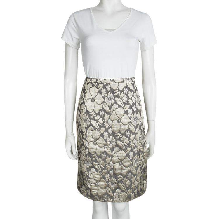 Pre Owned Miu Miu Grey Floral Lurex Jacquard Knee Length Skirt M