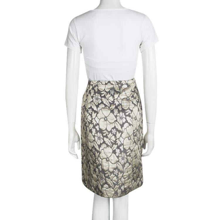 Pre Owned Miu Miu Grey Floral Lurex Jacquard Knee Length Skirt M