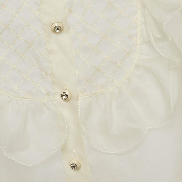 Pre Owned Miu Miu Off White Silk Buttoned Front Ruffled Top M