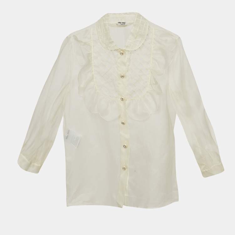 Pre Owned Miu Miu Off White Silk Buttoned Front Ruffled Top M