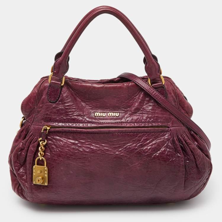 Pre Owned Miu Miu Purple Leather Lily Distressed Satchel