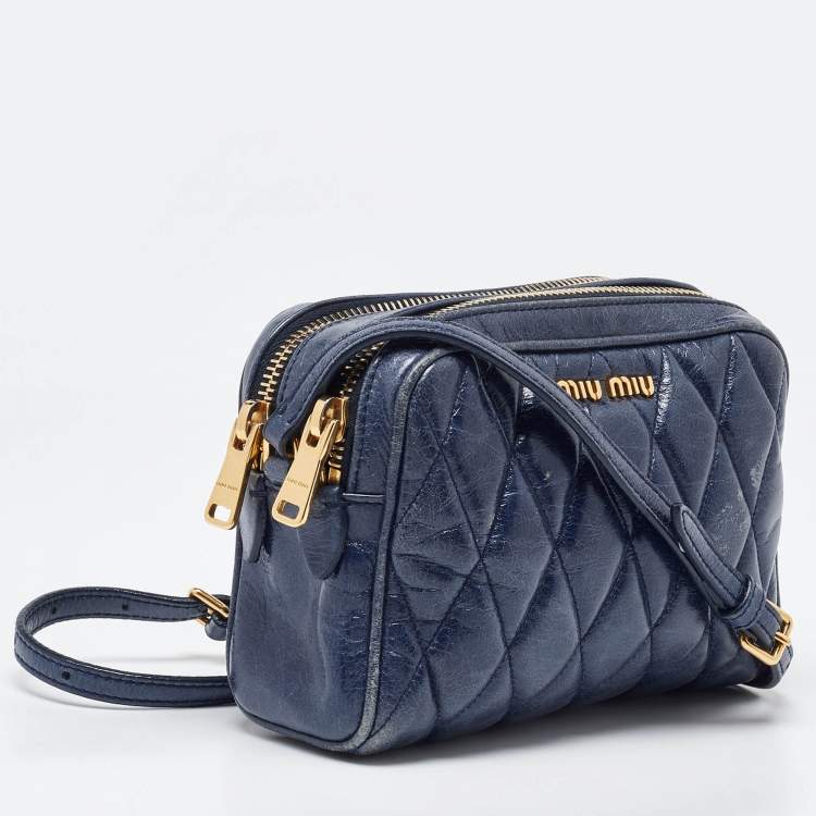 Pre Owned Miu Miu Blue Matelassé Leather Camera Crossbody Bag