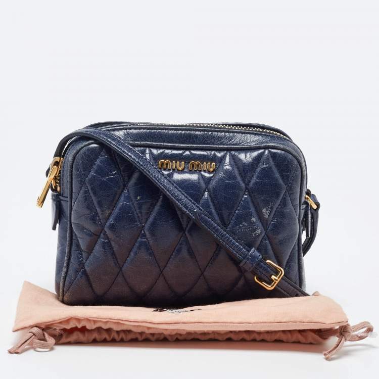 Pre Owned Miu Miu Blue Matelassé Leather Camera Crossbody Bag