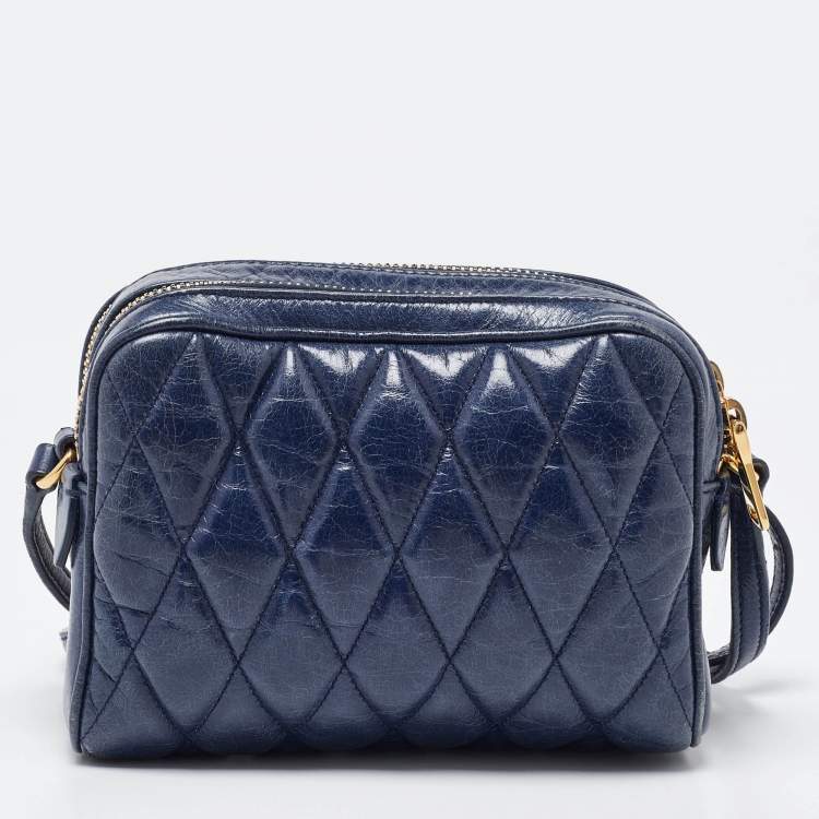 Pre Owned Miu Miu Blue Matelassé Leather Camera Crossbody Bag