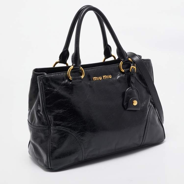 Pre Owned Miu Miu Black Vitello Leather Middle Zip Tote