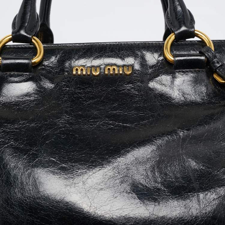 Pre Owned Miu Miu Black Vitello Leather Middle Zip Tote