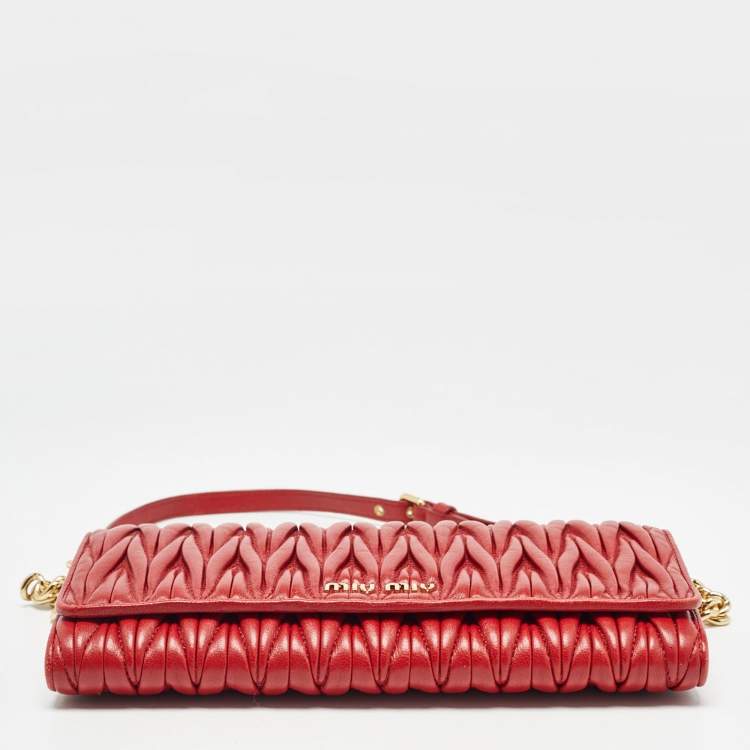 Pre Owned Miu Miu Red Matelasse Leather Flap Wallet On Chain