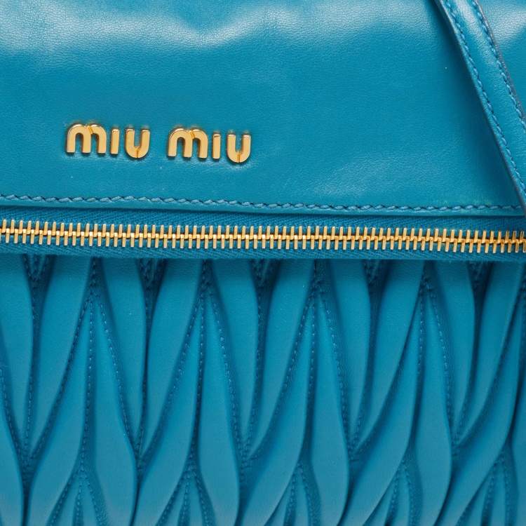 Pre Owned Miu Miu Blue Matelassé Leather Fold Over Zip Shoulder Bag