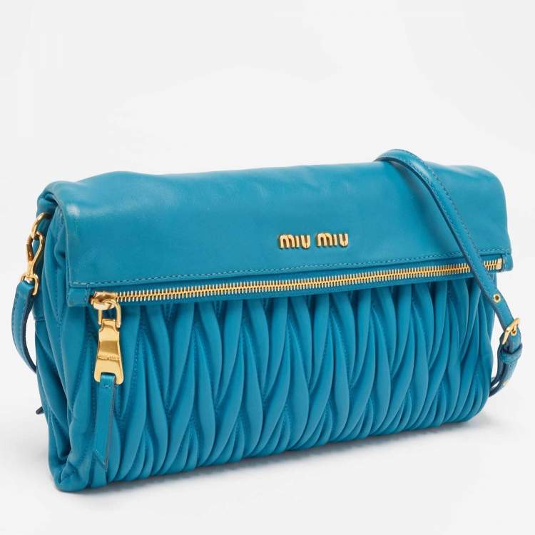 Pre Owned Miu Miu Blue Matelassé Leather Fold Over Zip Shoulder Bag