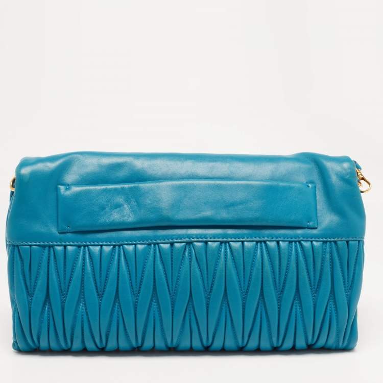 Pre Owned Miu Miu Blue Matelassé Leather Fold Over Zip Shoulder Bag