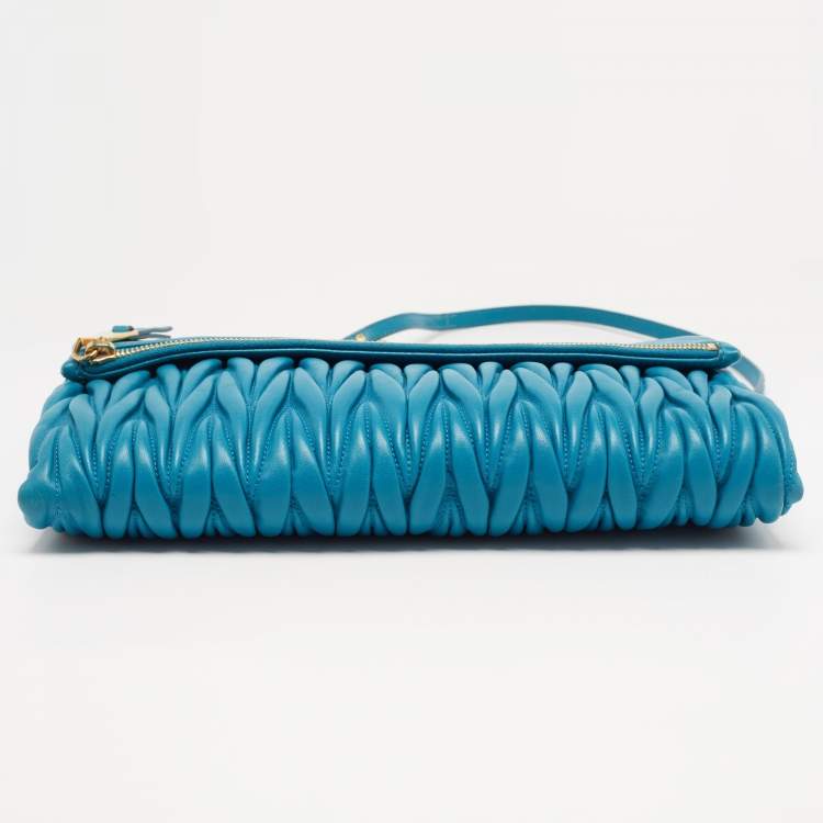 Pre Owned Miu Miu Blue Matelassé Leather Fold Over Zip Shoulder Bag