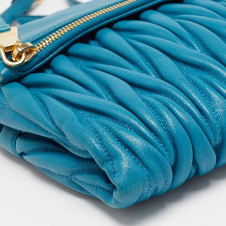 Pre Owned Miu Miu Blue Matelassé Leather Fold Over Zip Shoulder Bag