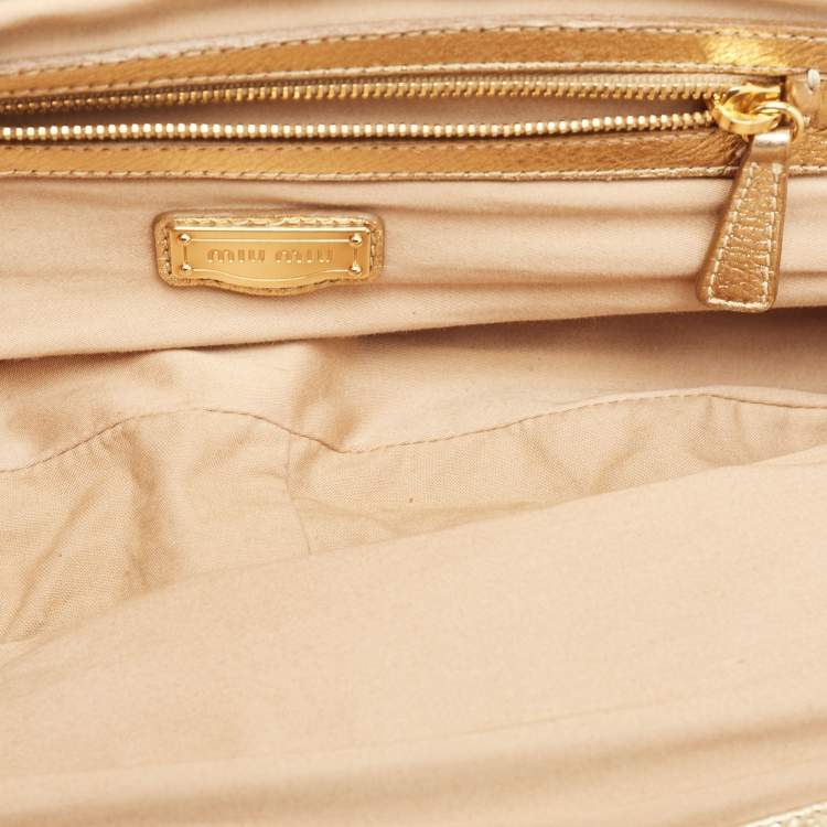 Pre Owned Miu Miu Gold Leather Pleated Oversized Clutch