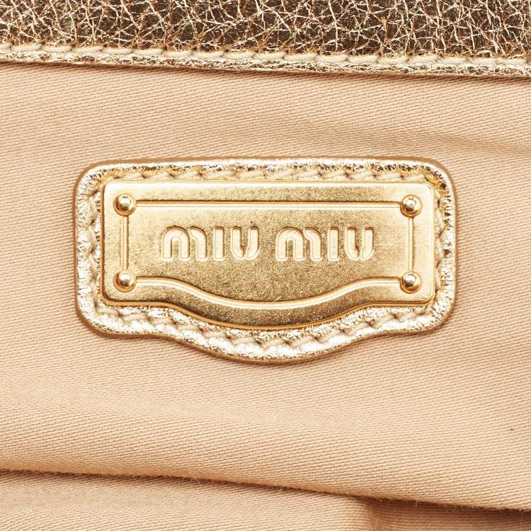 Pre Owned Miu Miu Gold Leather Pleated Oversized Clutch