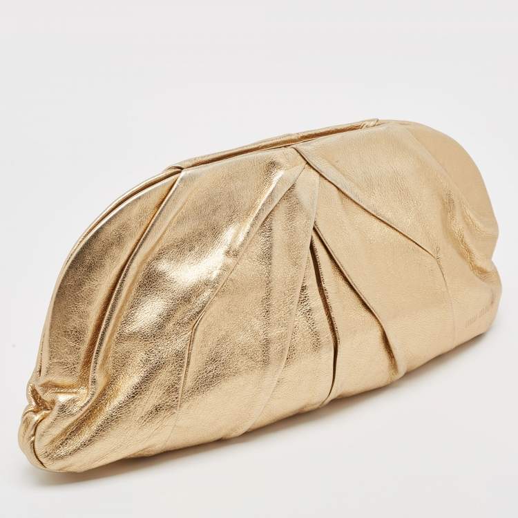 Pre Owned Miu Miu Gold Leather Pleated Oversized Clutch