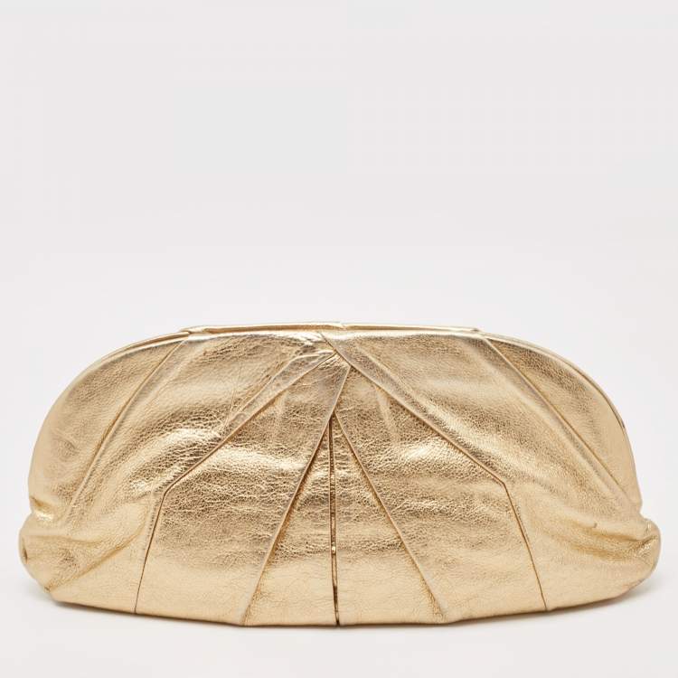 Pre Owned Miu Miu Gold Leather Pleated Oversized Clutch