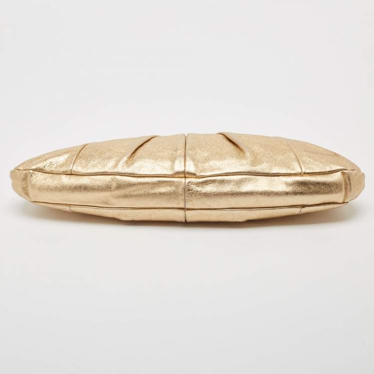 Pre Owned Miu Miu Gold Leather Pleated Oversized Clutch