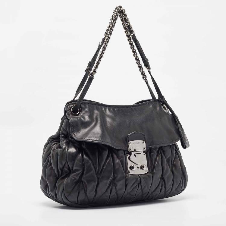Pre Owned Miu Miu Black Matelassé Leather Sacca 2 Hobo