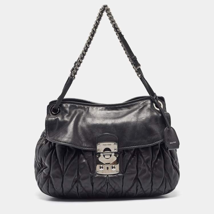 Pre Owned Miu Miu Black Matelassé Leather Sacca 2 Hobo