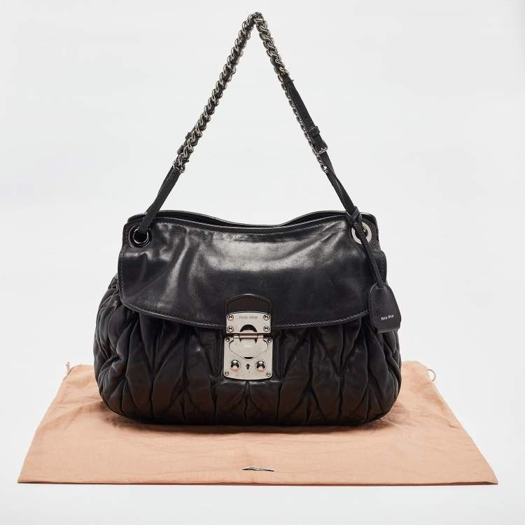 Pre Owned Miu Miu Black Matelassé Leather Sacca 2 Hobo