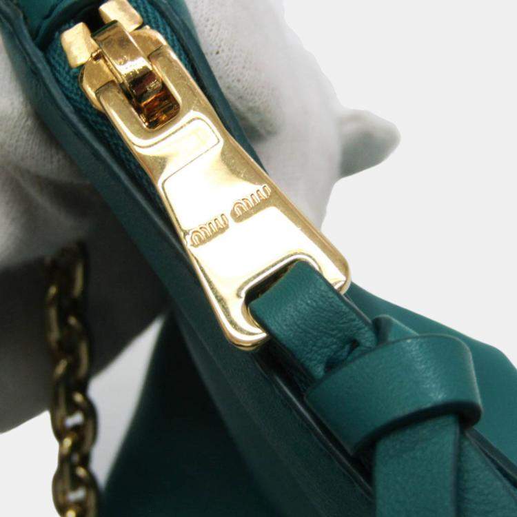 Pre Owned Miu Miu Green Leather Logo Chain Shoulder Bag