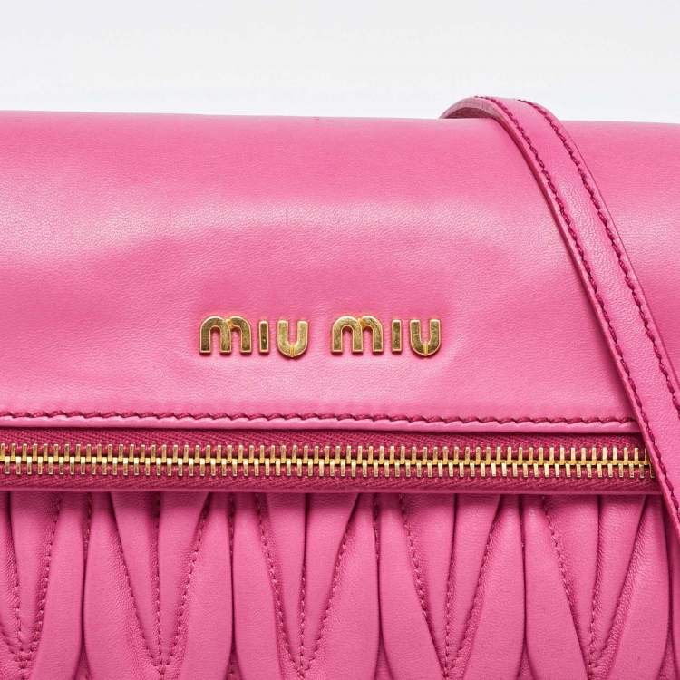 Pre Owned Miu Miu Pink Matelassé Leather Fold Over Crossbody Bag