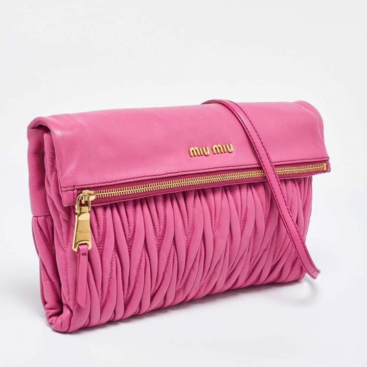 Pre Owned Miu Miu Pink Matelassé Leather Fold Over Crossbody Bag
