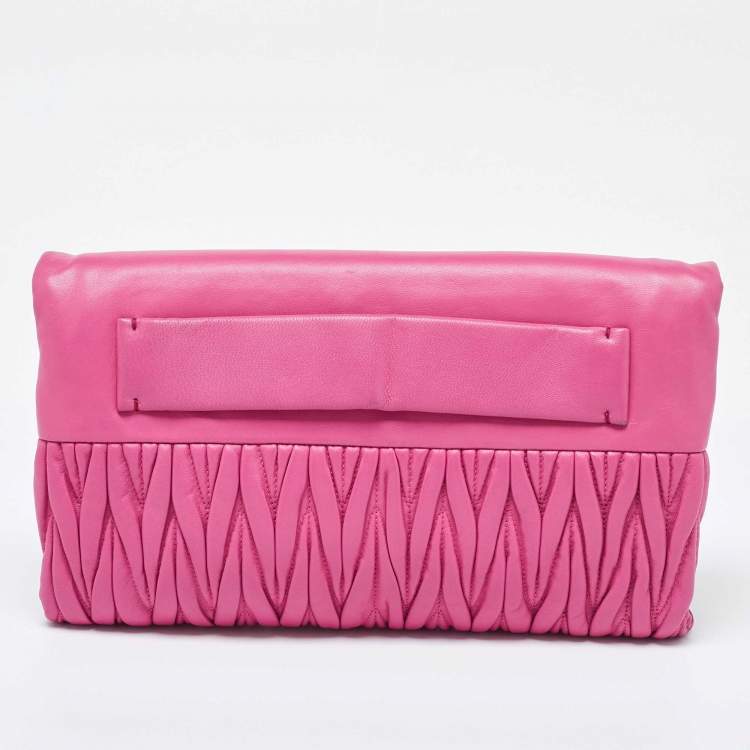 Pre Owned Miu Miu Pink Matelassé Leather Fold Over Crossbody Bag