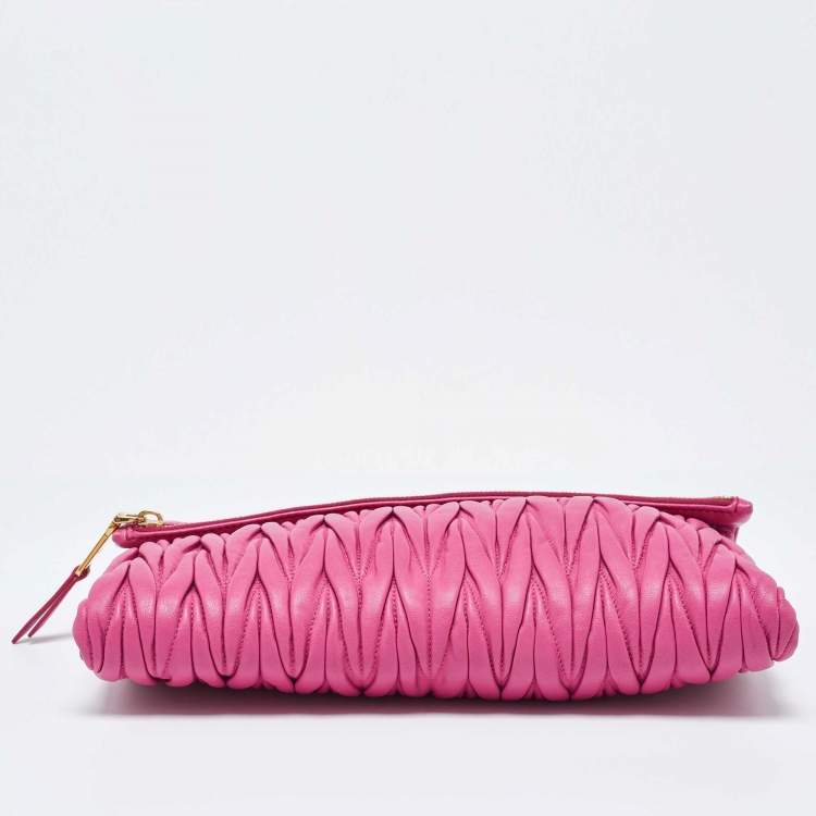 Pre Owned Miu Miu Pink Matelassé Leather Fold Over Crossbody Bag