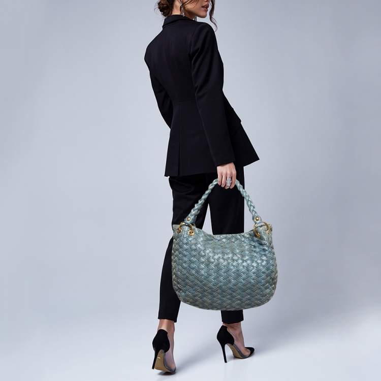 Pre Owned Miu Miu Blue Woven Leather Snap Hobo