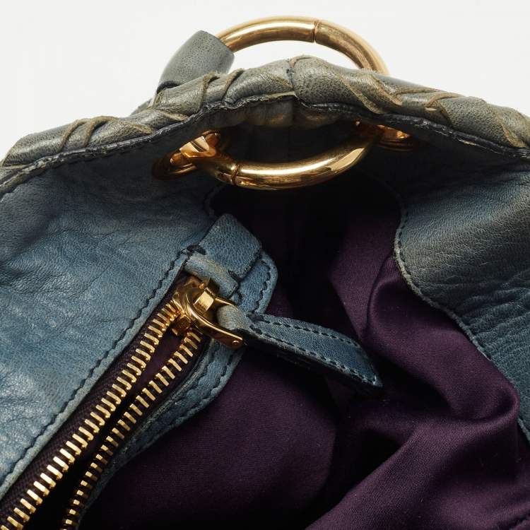 Pre Owned Miu Miu Blue Woven Leather Snap Hobo