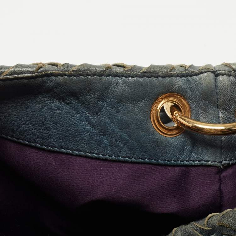 Pre Owned Miu Miu Blue Woven Leather Snap Hobo