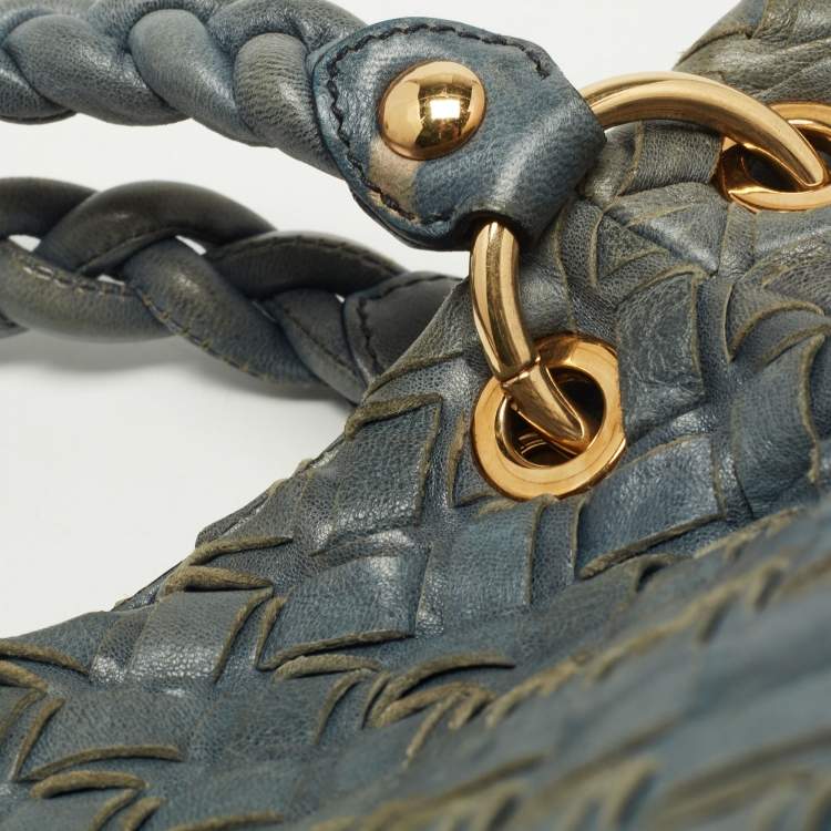 Pre Owned Miu Miu Blue Woven Leather Snap Hobo