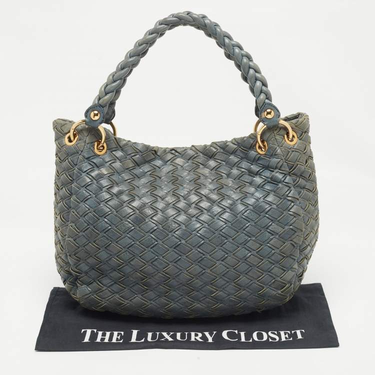 Pre Owned Miu Miu Blue Woven Leather Snap Hobo