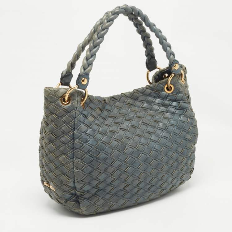 Pre Owned Miu Miu Blue Woven Leather Snap Hobo