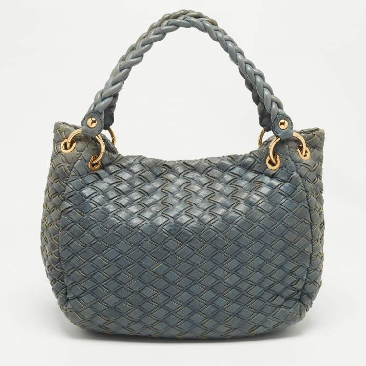 Pre Owned Miu Miu Blue Woven Leather Snap Hobo