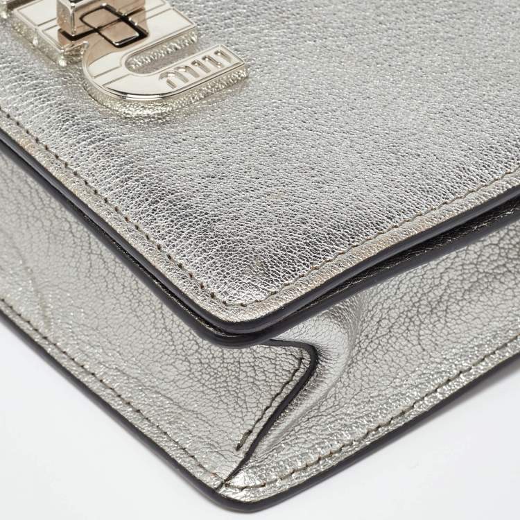 Pre Owned Miu Miu Silver/Gold Leather and Watersnake Leather Crystal Embellished Clutch Bag